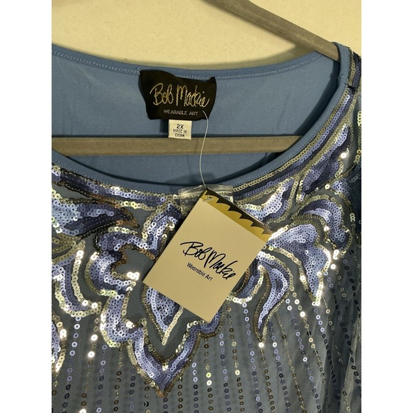 Bob Mackie Wearable Art Tunic Size 2X Embellished Blue W/ Sequins V Neck - Picture 4 of 8